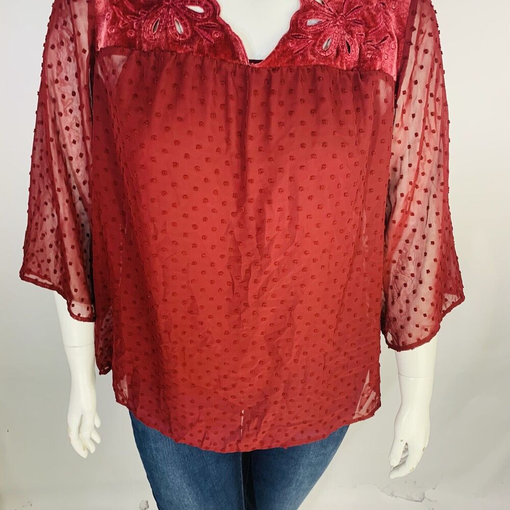 New Style & Co Womans Sz 3X Blouse Lace Sleeve Eyelet Wine Red Sheer NWT - Picture 5 of 9